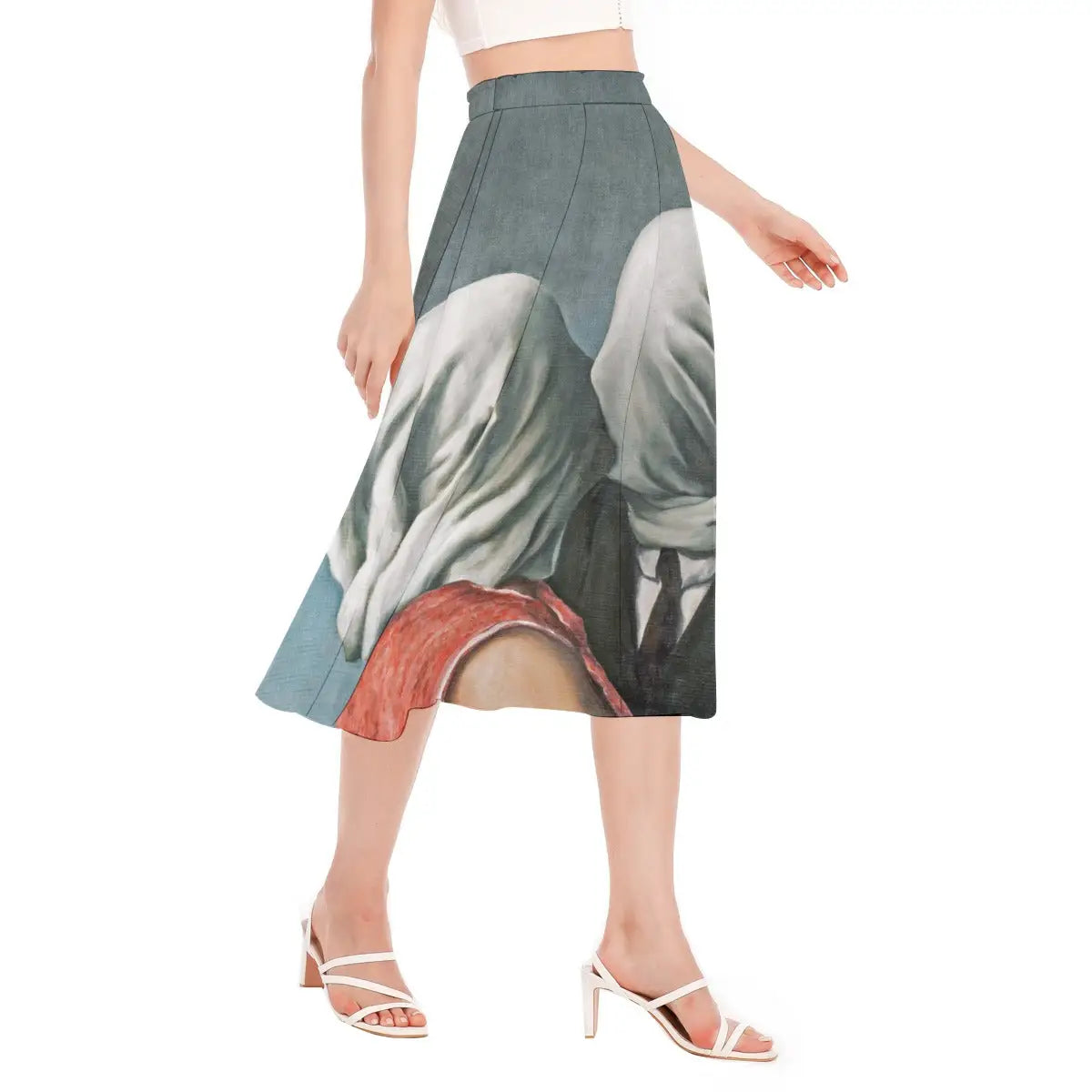 The Lovers skirt fabric movement captured mid-twirl showing how the recycled polyester chiffon flows while displaying the enigmatic shrouded figures in their mysterious embrace.