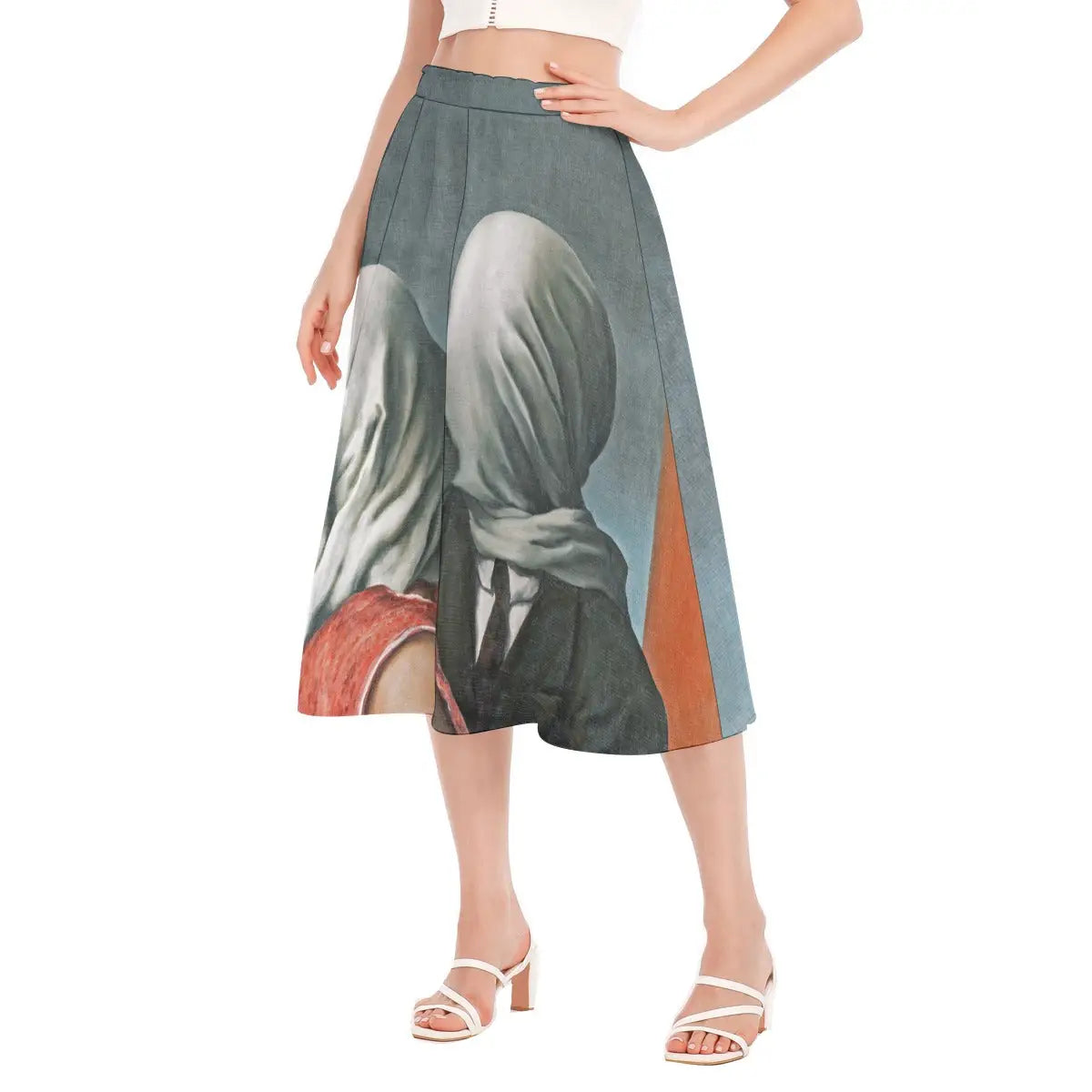 Model wearing the Magritte art skirt in a gallery setting, connecting sustainable fashion to the surrealist art context and philosophical questions about perception.