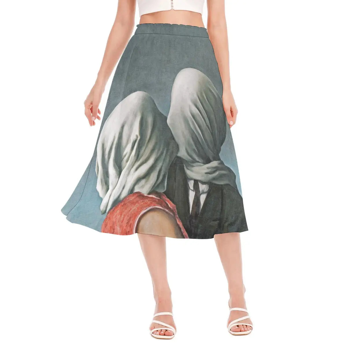 Woman wearing The Lovers by René Magritte recycled polyester chiffon skirt with the iconic shrouded figures clearly visible against natural light.