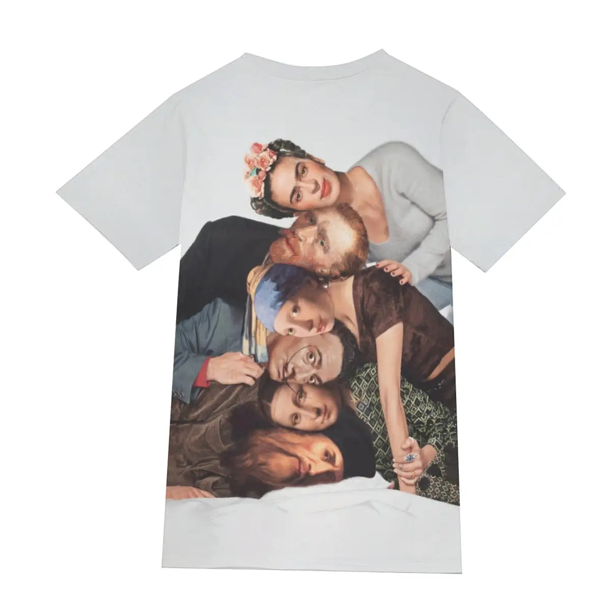 Back view of 190GSM cotton T-shirt showing the continuation of the multi-artist collage, demonstrating the seamless 360-degree print quality that captures the full diversity of artistic styles from classical to modern, Eastern to Western traditions