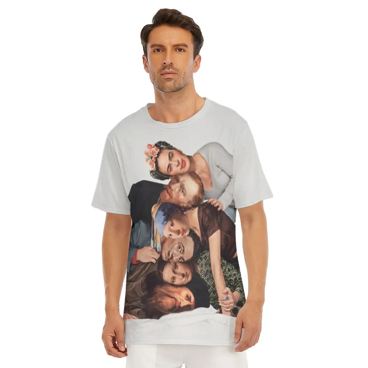 Male model wearing The Most Famous Artists All-Over Print T-shirt showcasing the meticulously curated collage of legendary artists from Leonardo da Vinci to Vincent van Gogh alongside fragments of their iconic masterpieces