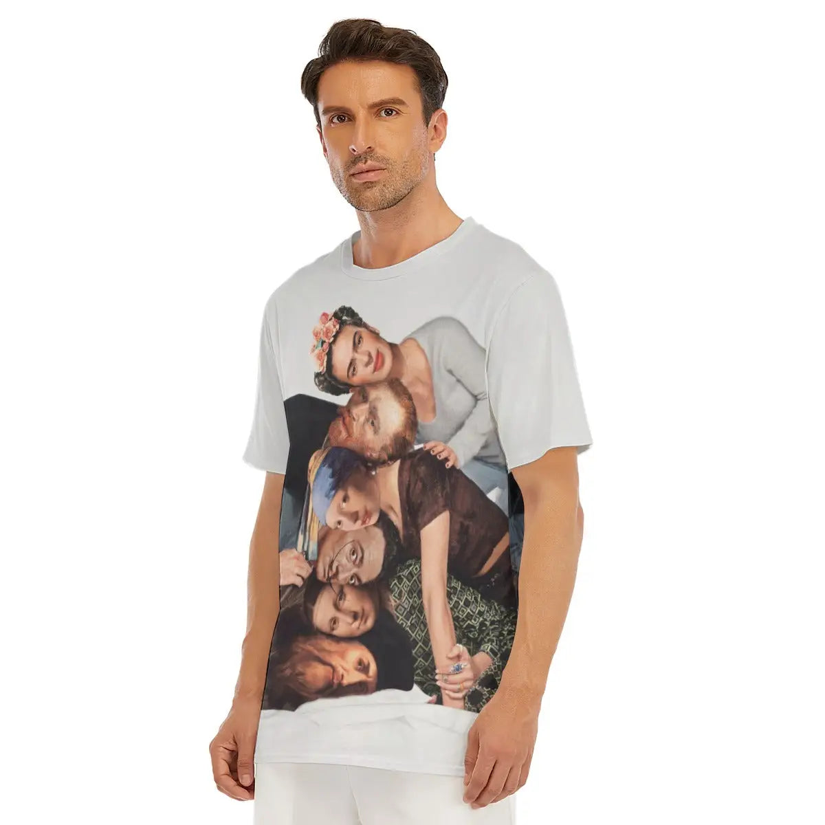 Close-up shot of the sleeve featuring detailed sections of iconic artworks and artist portraits, showcasing the exceptional print quality that faithfully reproduces each creator's distinctive style on comfortable breathable material