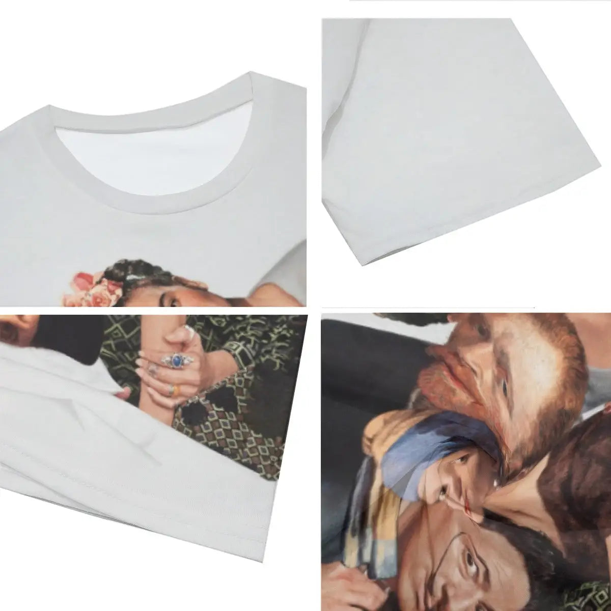 Close-up detail of high-quality printing on 100% cotton Famous Artists T-shirt, showcasing the faithful reproduction of various artistic techniques—from Renaissance sfumato to Post-Impressionist brushwork and Cubist geometry
