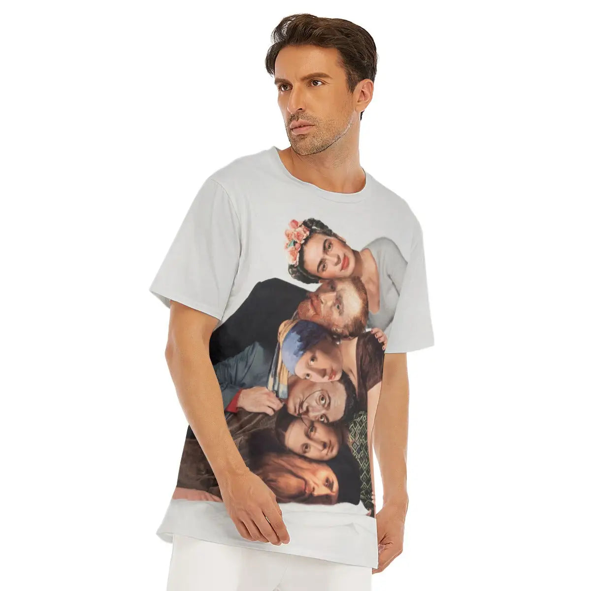 Art history collage T-shirt laid flat, displaying the entire panorama of artistic genius, premium craftsmanship, and natural texture of the 100% cotton fabric that enhances the museum-quality reproduction of these timeless masterpieces