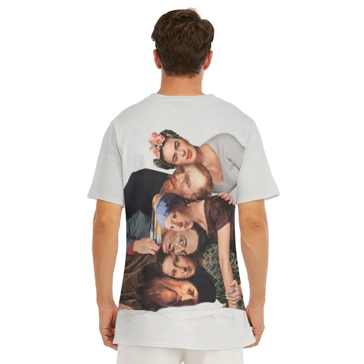 T-shirt featuring The Most Famous Artists collage, highlighting the classic round neckline and how the diverse artistic styles create a sophisticated visual tapestry across the garment