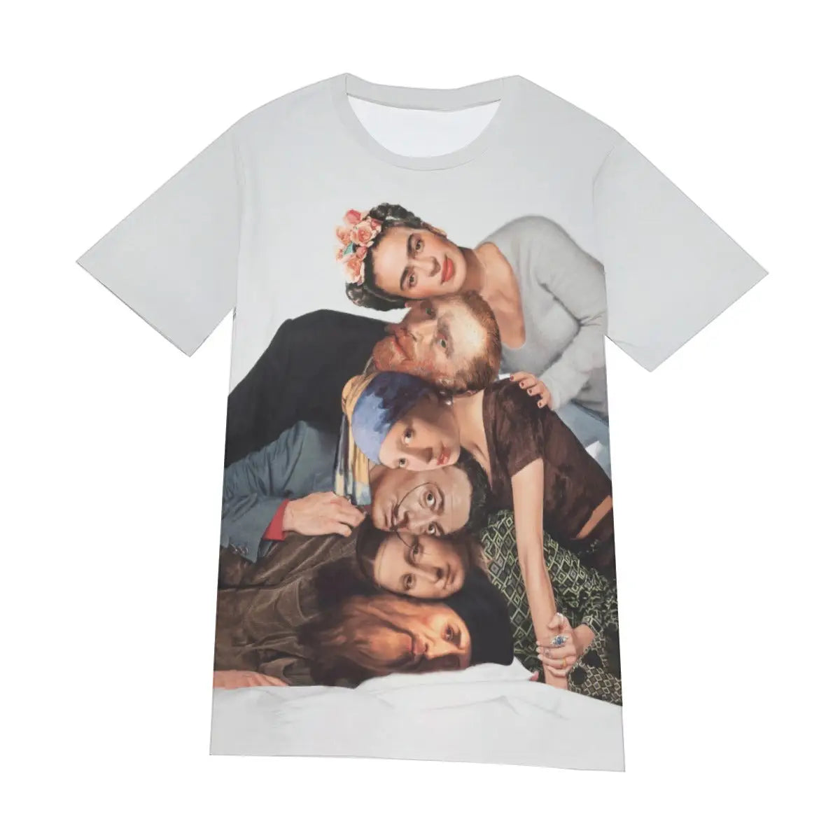 Front view of unisex art history T-shirt displaying the complete collage of famous artists and their works, with its educational juxtaposition of diverse artistic movements creating a visually rich conversation about the evolution of visual expression