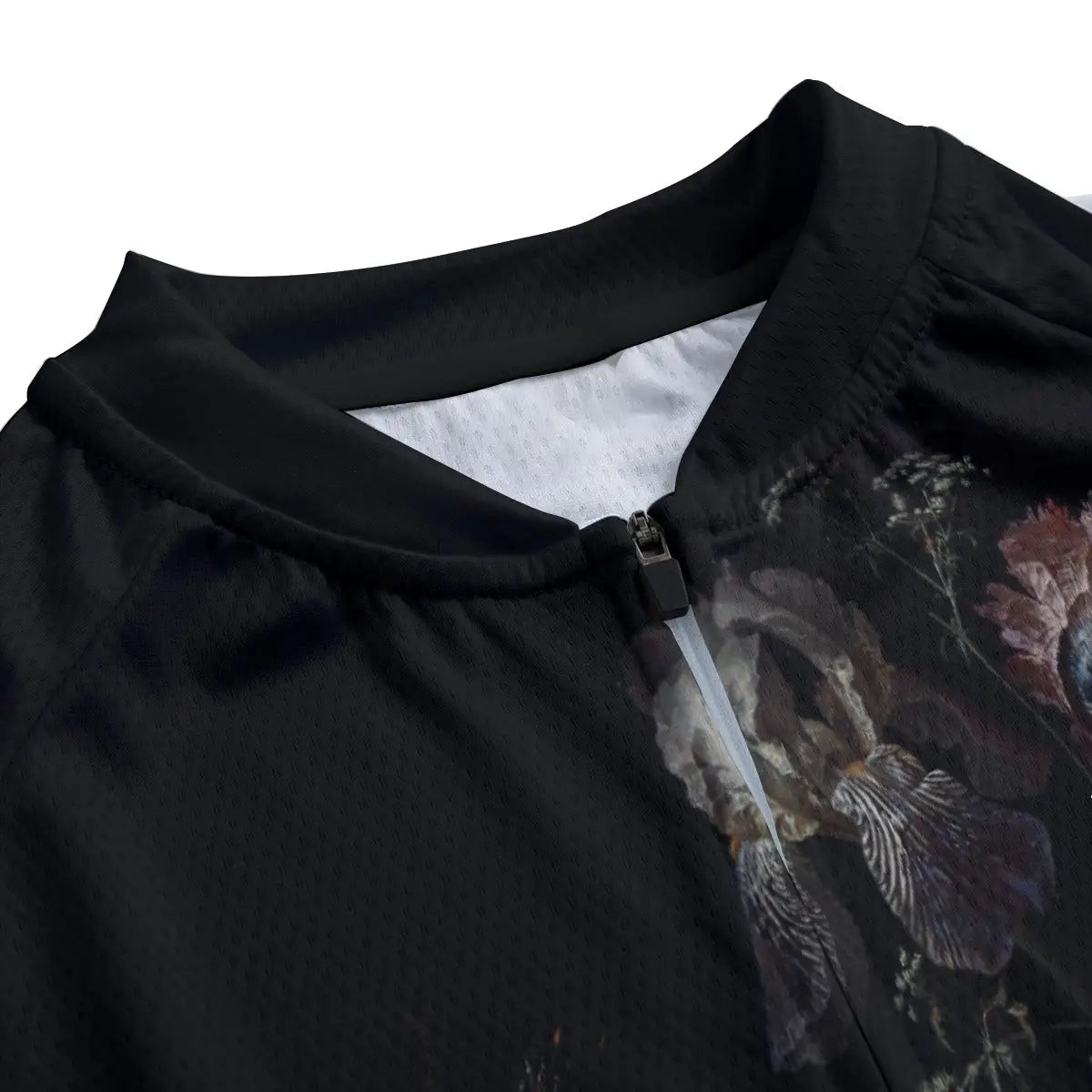 Detailed view of Dutch master's tumbled floral arrangement with dewdrops reproduced on women's cycling jersey