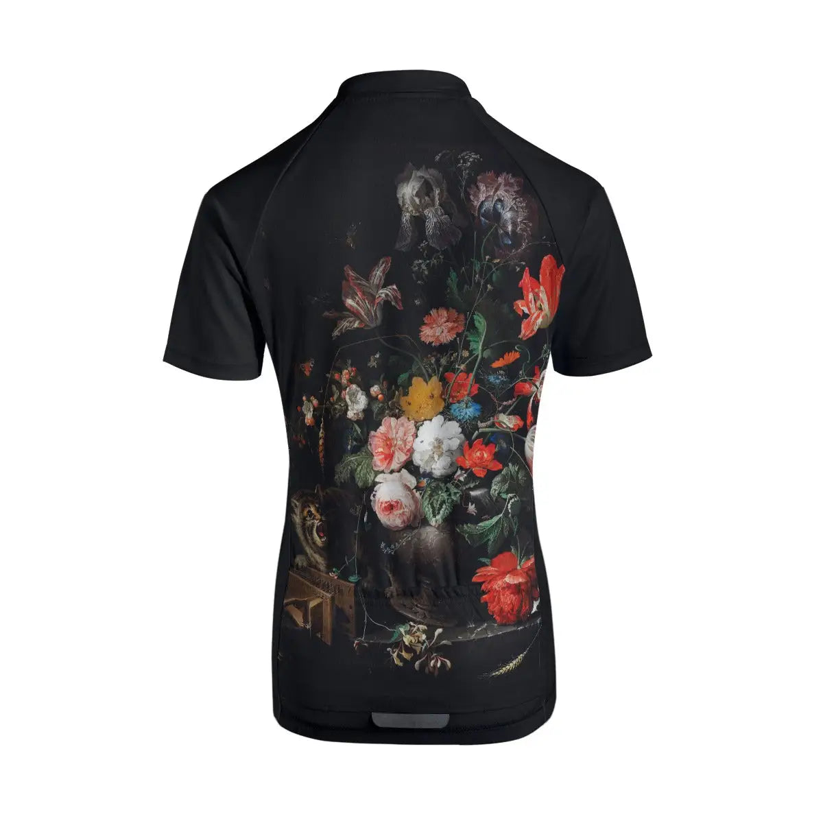 Back view showing the three functional storage pockets on Overturned Bouquet women's cycling jersey
