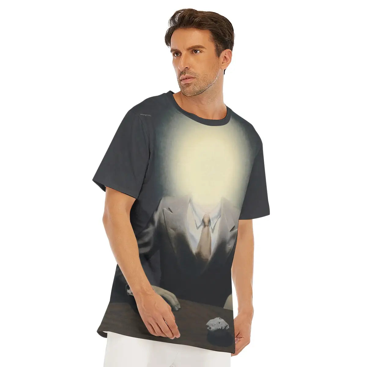 Back view of 190GSM cotton T-shirt showing the continuation of Magritte's meticulous rendering of the curtained background, demonstrating the seamless print quality that captures the full conceptual impact of the 1937 surrealist portrait
