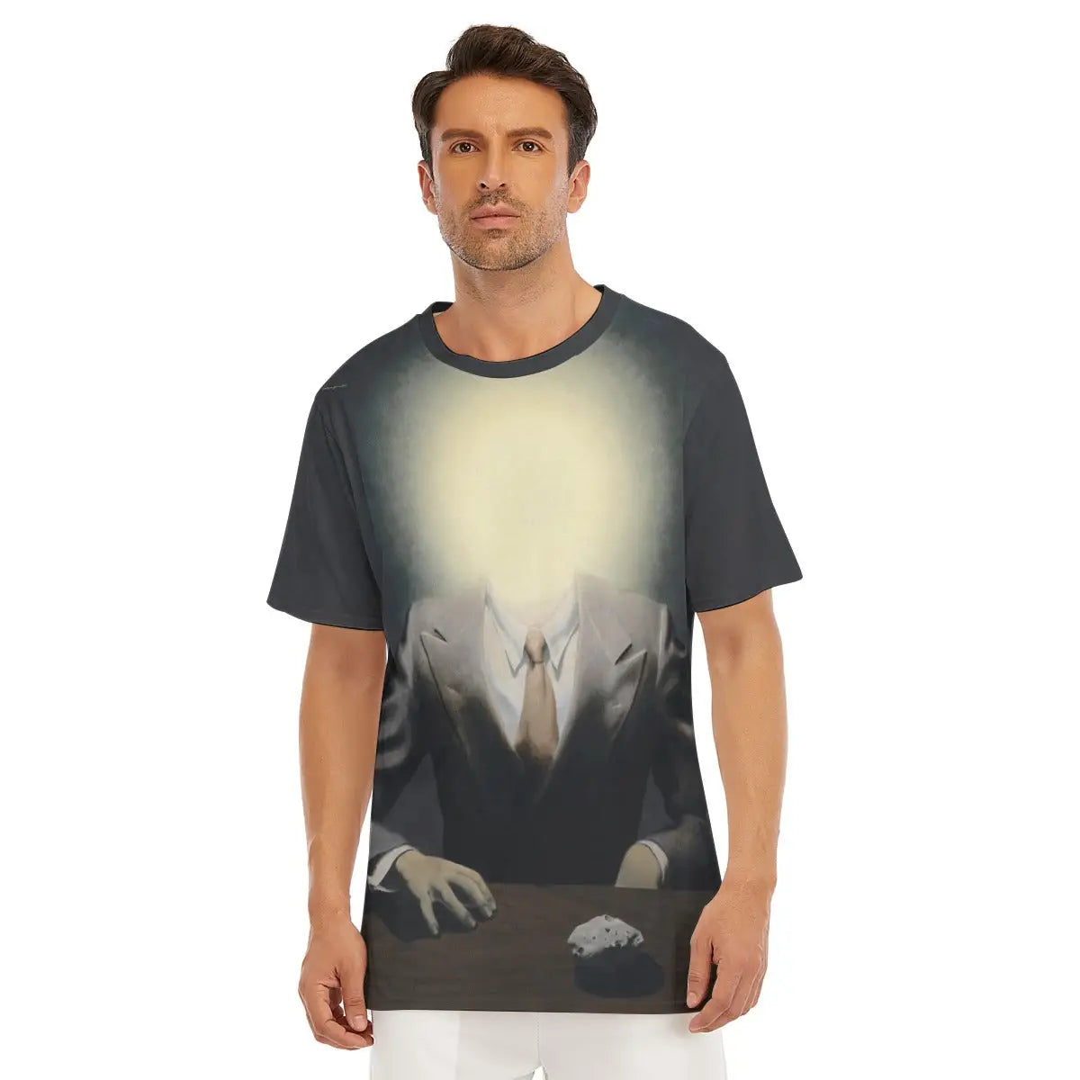 Front view of unisex surrealist art T-shirt displaying the complete composition of Magritte's The Pleasure Principle, with its perfect balance of conventional portraiture and conceptual disruption creating an intellectually stimulating visual statement