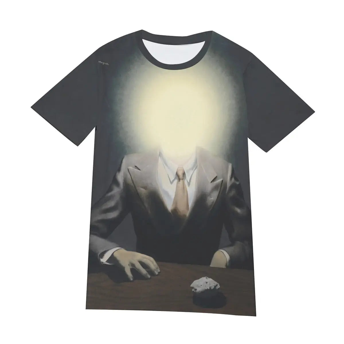 T-shirt featuring Magritte's iconic Pleasure Principle, highlighting the classic round neckline and how the enigmatic portrait centers perfectly on the garment