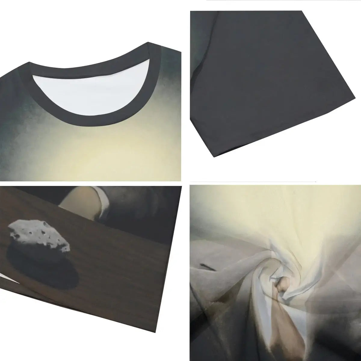 René Magritte T-shirt laid flat, displaying the entire surrealist masterpiece, premium craftsmanship, and natural texture of the 100% cotton fabric that enhances the philosophical quality of the reproduced painting