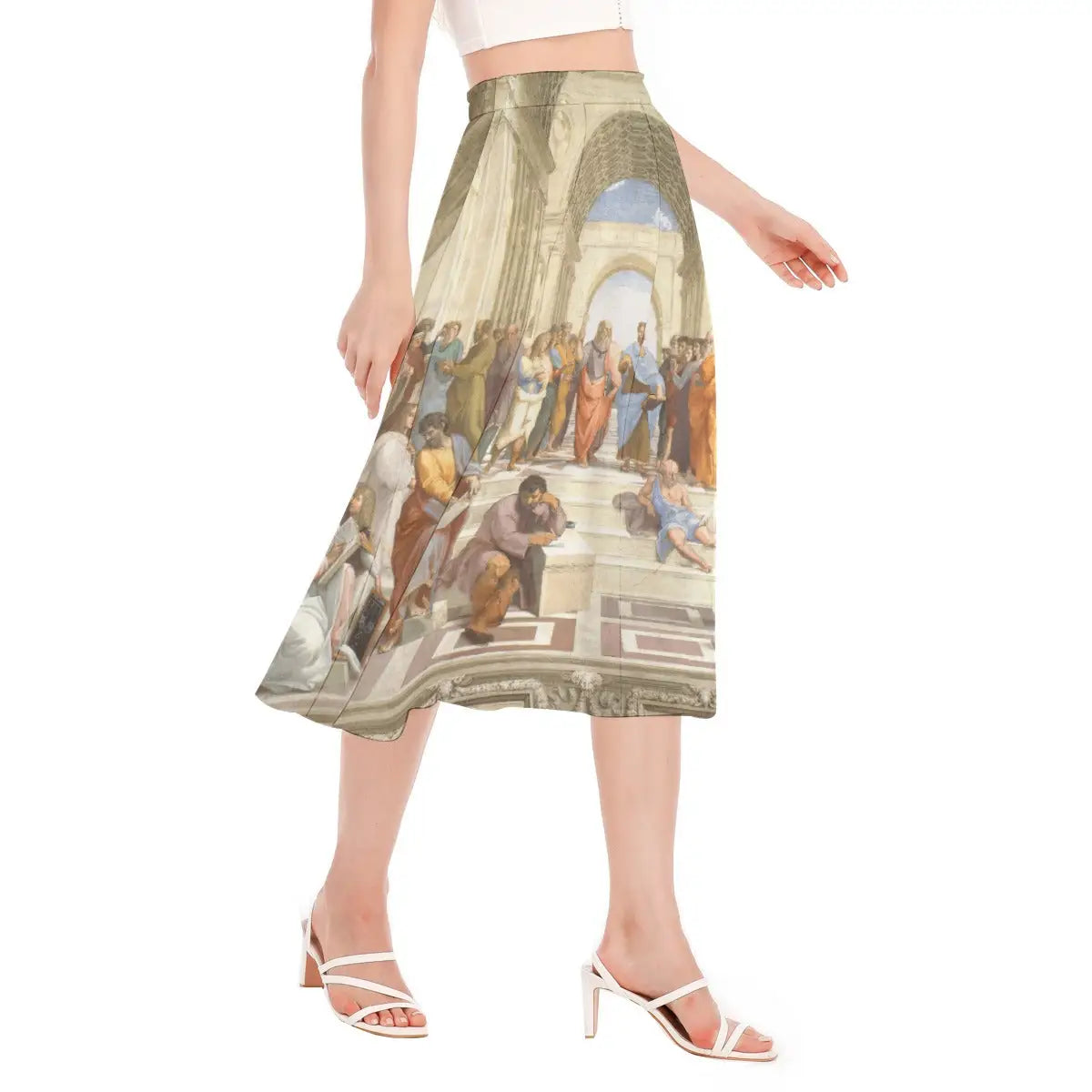 Close-up view of Raphael's School of Athens artwork printed on sustainable chiffon fabric showing the detailed rendering of Plato and Aristotle at the center of the grand architectural setting.