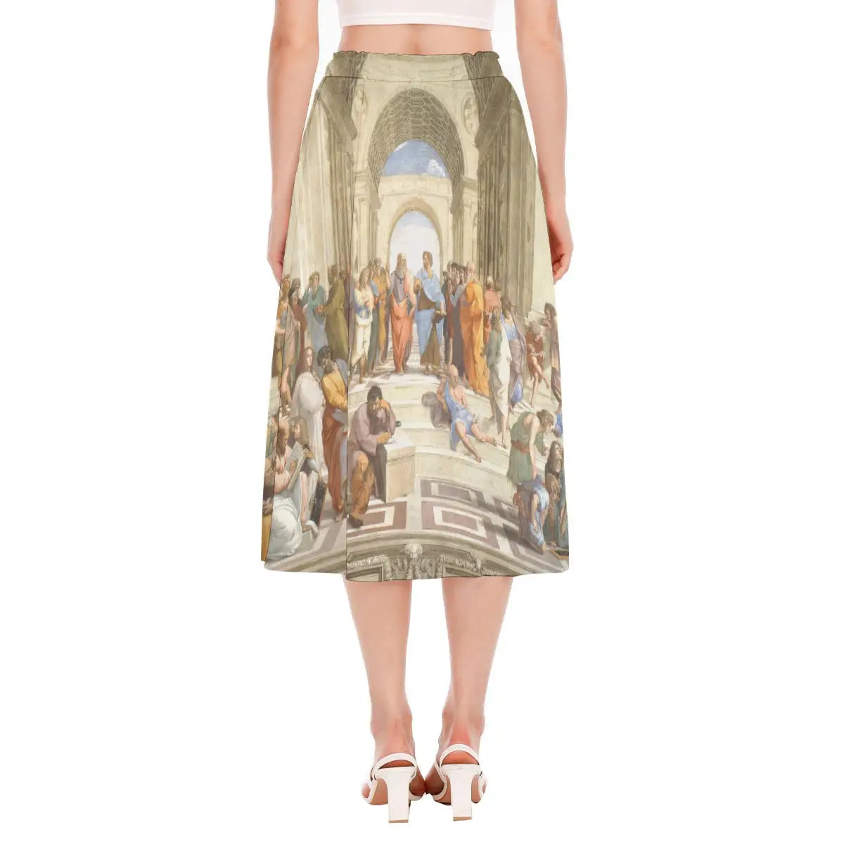 The School of Athens skirt fabric movement captured mid-twirl showing how the recycled polyester chiffon flows while displaying the full panorama of Renaissance philosophy and classical knowledge.