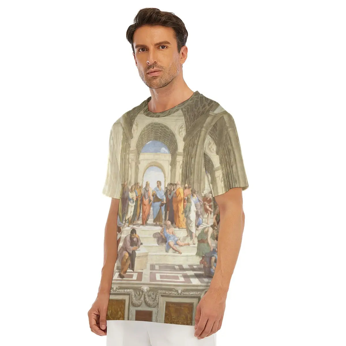 Raphael T-shirt laid flat, displaying the entire High Renaissance artwork, premium craftsmanship, and natural texture of the 100% cotton fabric that enhances the visual impact of the reproduced fresco