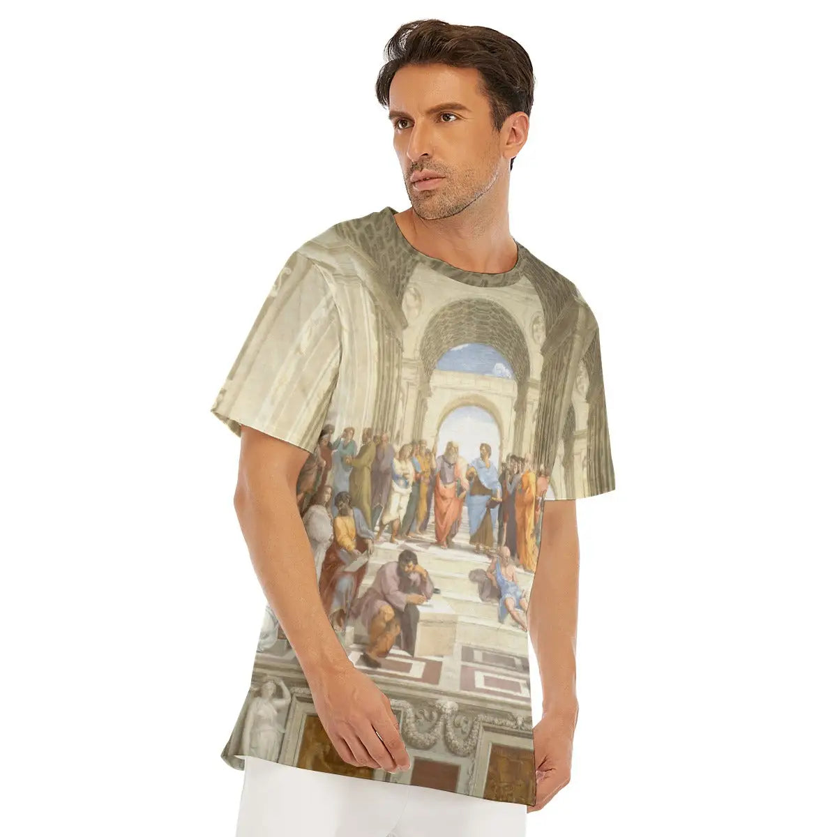 Detail of round neckline and shoulder on The School of Athens T-shirt, highlighting how Raphael's harmonious color palette and classical figures flow naturally across different parts of the premium cotton material
