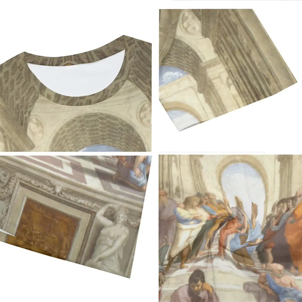Close-up detail of high-quality printing on 100% cotton School of Athens T-shirt, showcasing the intricate architectural elements and expressive faces of the philosophers that demonstrate Raphael's masterful Renaissance technique
