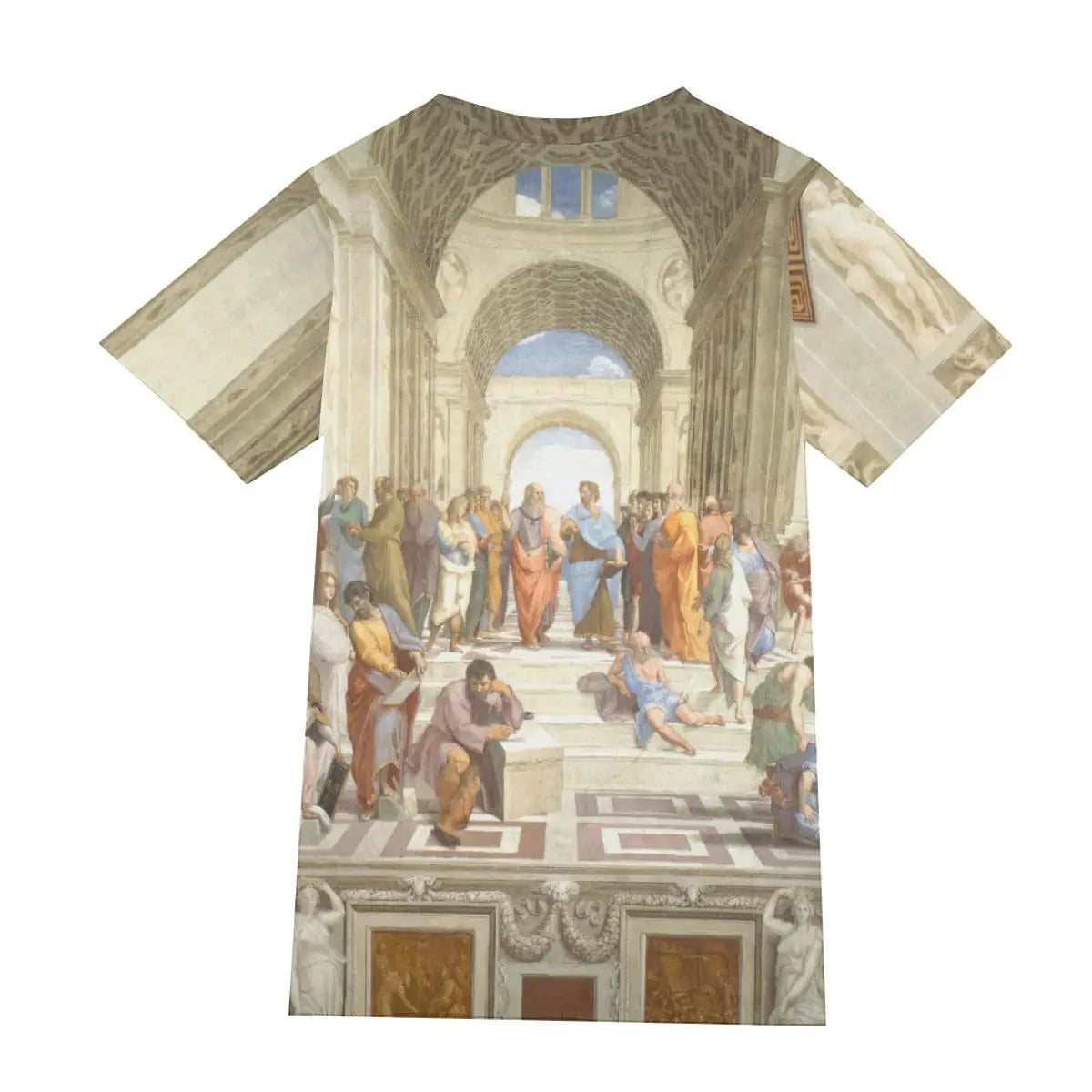 Back view of 190GSM cotton T-shirt showing the continuation of the grand architectural setting and philosophical gathering, demonstrating the seamless 360-degree print quality that captures the full magnificence of the Vatican fresco