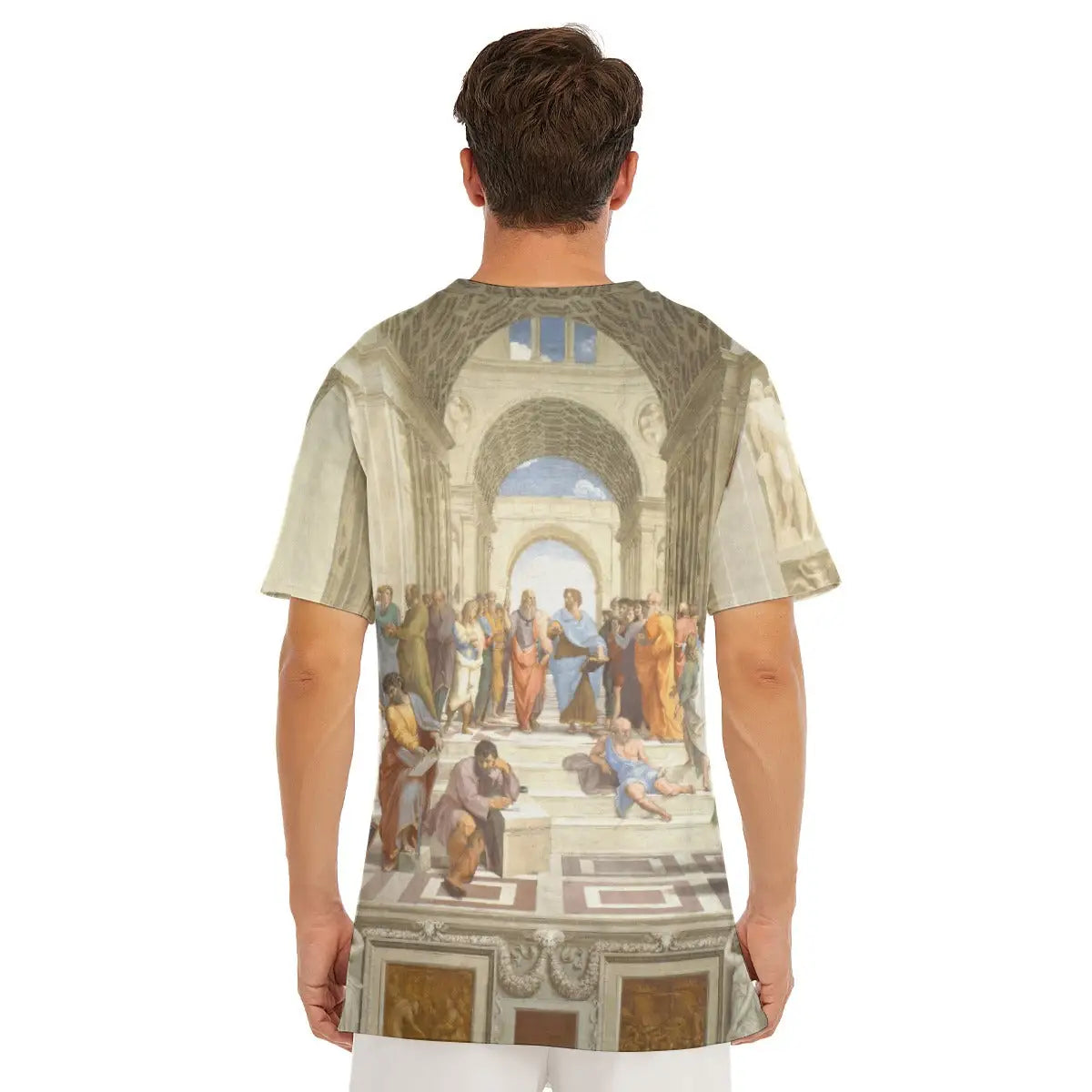 Cotton T-shirt featuring Raphael's School of Athens masterpiece, highlighting the classic round neckline and how the central figures of Plato and Aristotle are positioned prominently on the garment