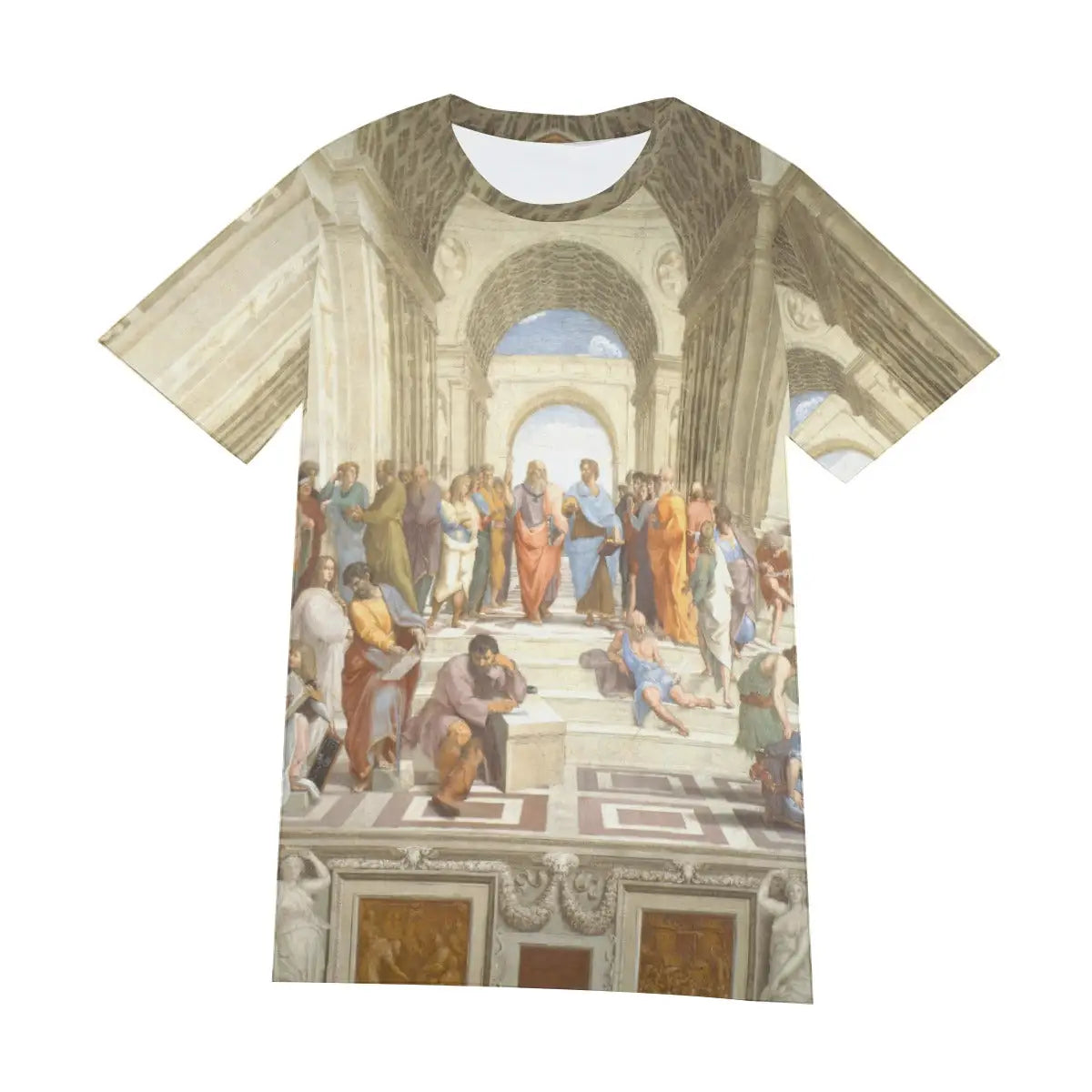 Front view of unisex Renaissance art T-shirt displaying the complete composition of Raphael's School of Athens, with its perfect perspective, harmonious arrangement of figures, and symbolic depth creating a sophisticated visual statement