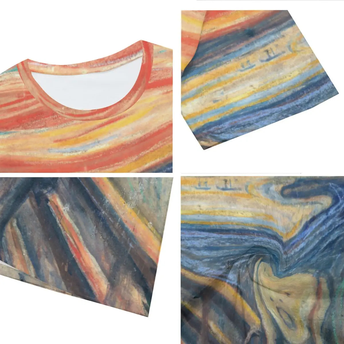 Close-up detail of high-quality printing on 100% cotton The Scream T-shirt, showcasing the vibrant colors and flowing lines that create the painting's sense of psychological distortion and emotional intensity