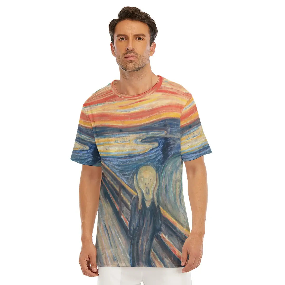 Male model wearing The Scream by Edvard Munch All-Over Print T-shirt showcasing the iconic anguished figure against a swirling blood-red sky and undulating landscape of the expressionist masterpiece