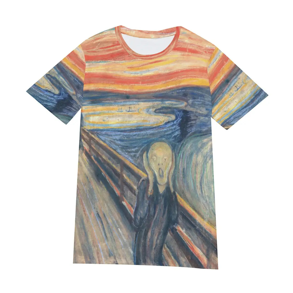 Front view of unisex expressionist art T-shirt displaying the complete composition of Munch's The Scream, with its powerful depiction of existential anxiety creating a bold and thought-provoking visual statement
