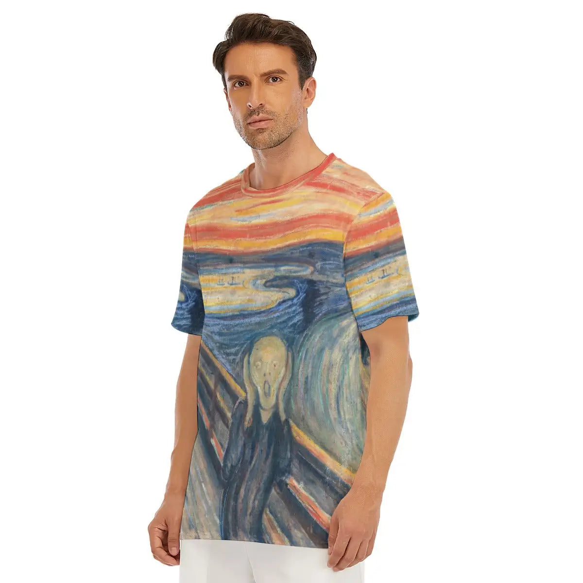 Close-up shot of the sleeve featuring detailed sections of the bridge and background figures from The Scream, showcasing Munch's innovative approach to conveying psychological states through visual distortion on comfortable breathable material