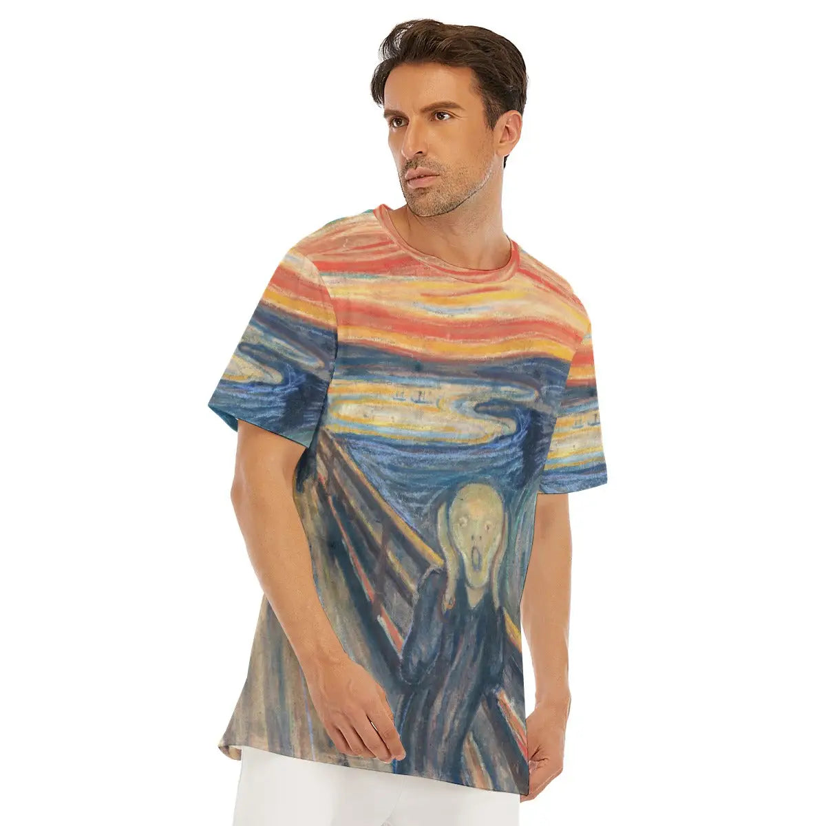 Edvard Munch T-shirt laid flat, displaying the entire expressionist masterpiece, premium craftsmanship, and natural texture of the 100% cotton fabric that enhances the visceral quality of the reproduced painting