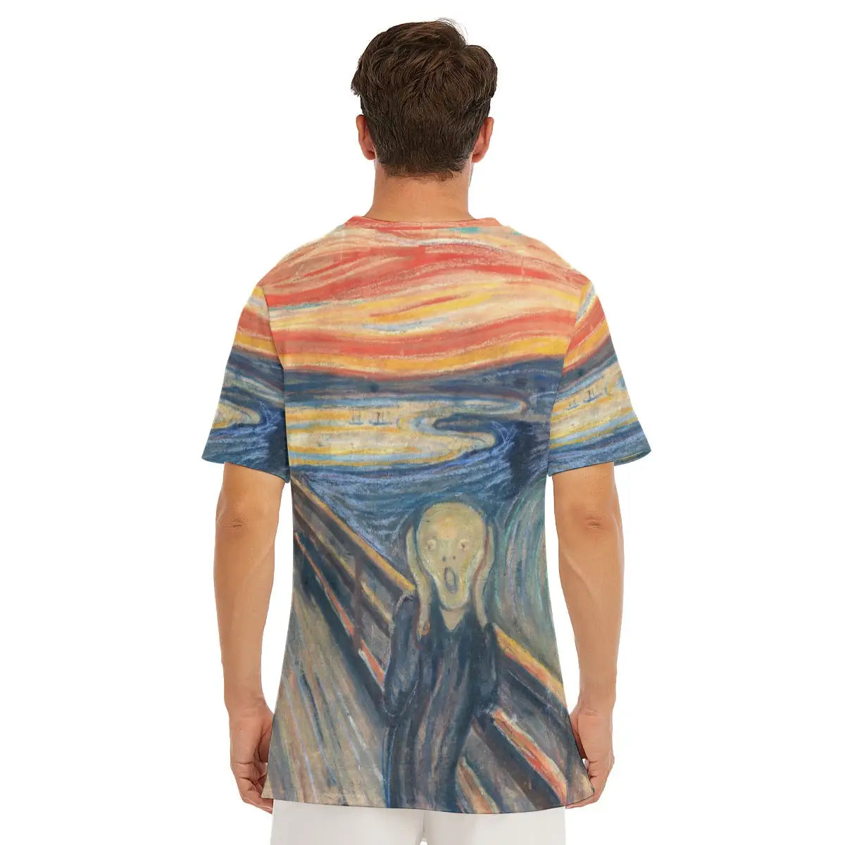 T-shirt featuring Munch's famous Scream, highlighting the classic round neckline and how the psychologically intense artwork creates a striking visual impact across the garment