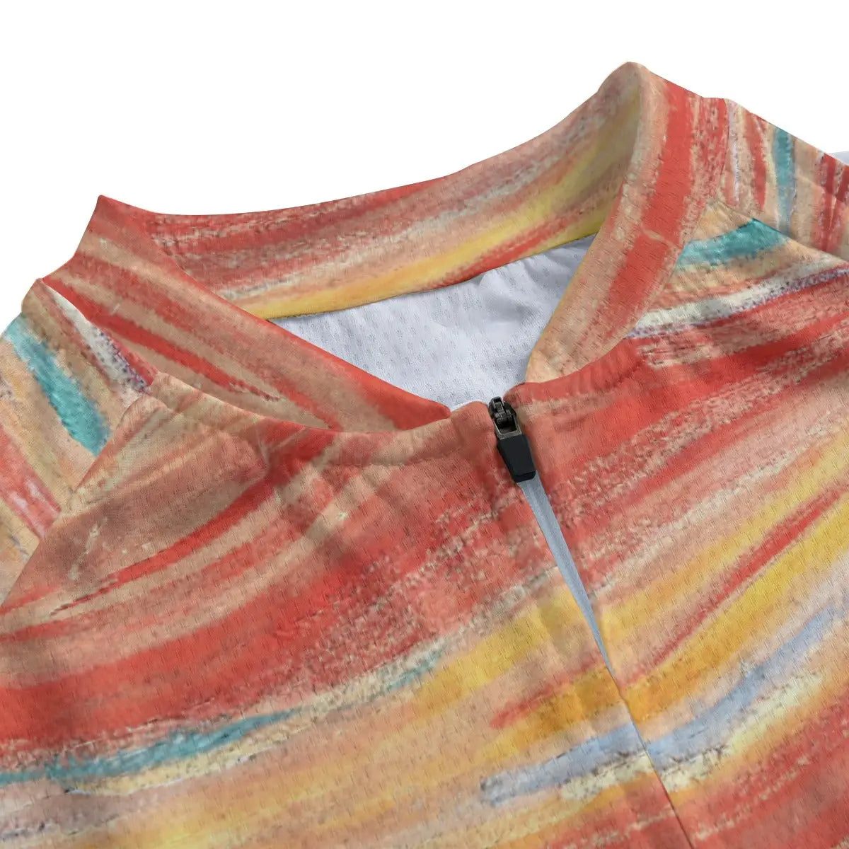 Detailed view of Munch's distorted screaming figure and swirling red sky reproduced on women's cycling jersey