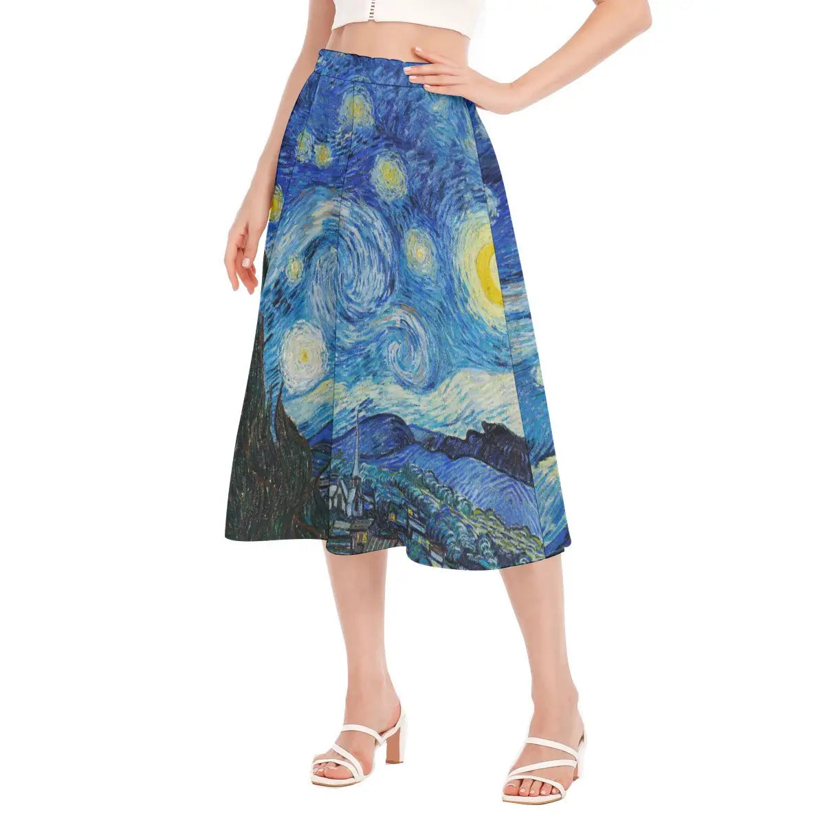 Back view of eco-conscious artistic skirt featuring van Gogh's beloved night sky showing how the design wraps around the garment creating a continuous celestial landscape with the village beneath.