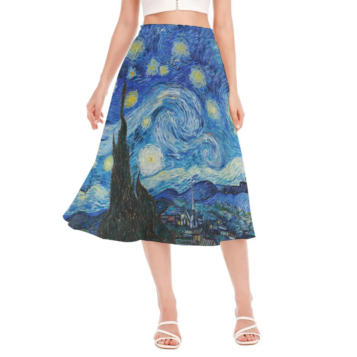 Woman wearing The Starry Night by van Gogh recycled polyester chiffon skirt with the iconic swirling sky and stars clearly visible against natural light.