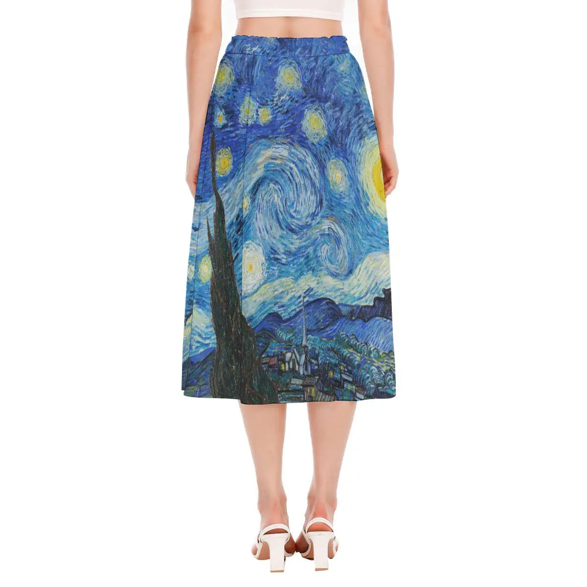 Model wearing the van Gogh art skirt in an evening setting, connecting sustainable fashion to the nocturnal beauty captured in the original painting.