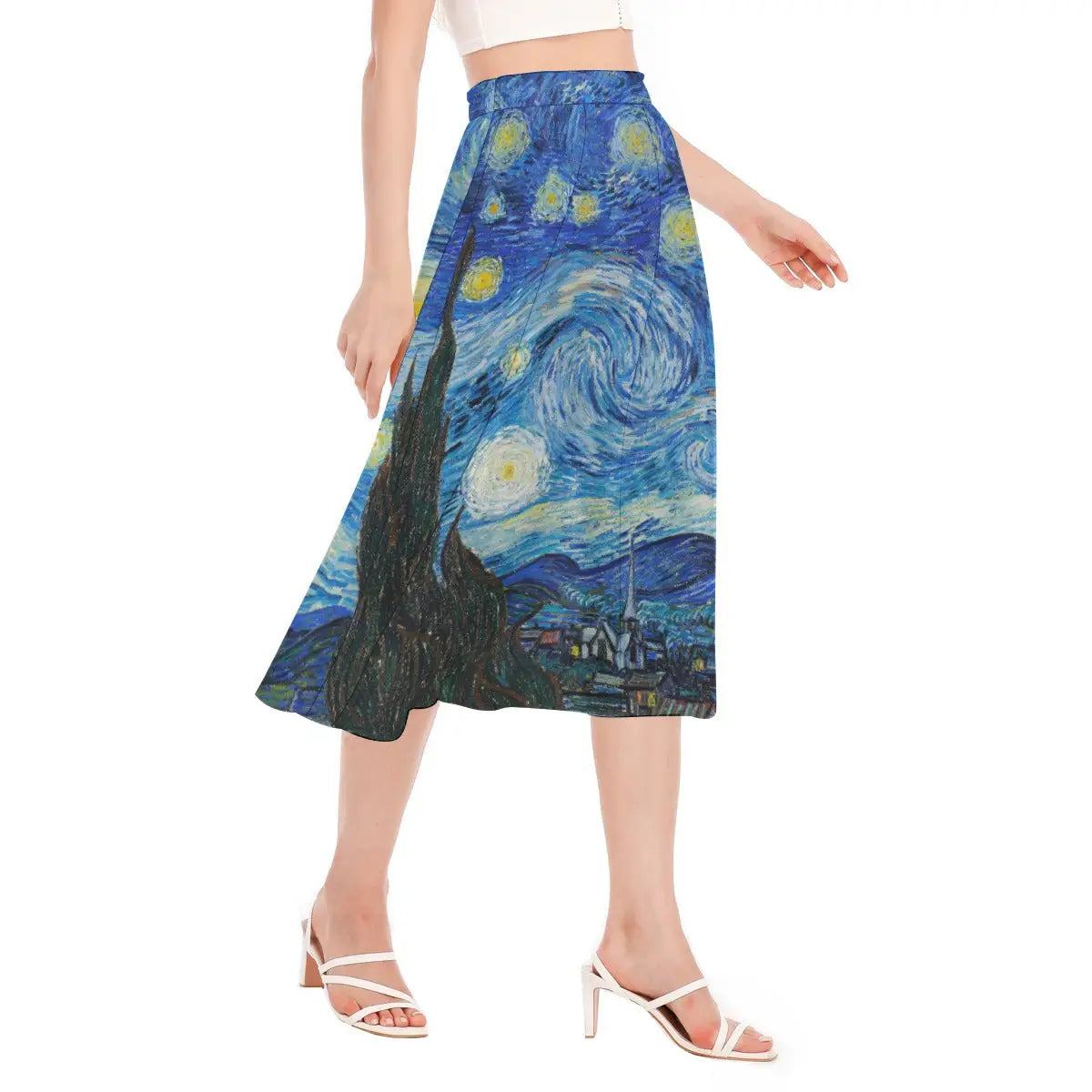 Close-up view of van Gogh's Starry Night artwork printed on sustainable chiffon fabric showing the distinctive brushstrokes and spiraling patterns of the turbulent night sky.
