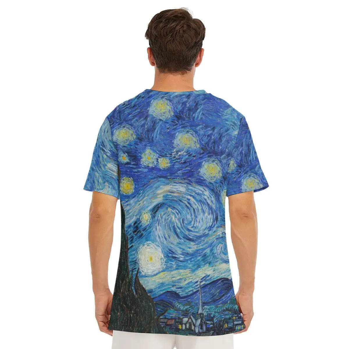 T-shirt featuring Van Gogh's iconic Starry Night masterpiece, highlighting the classic round neckline and how the celestial blues and vibrant yellows create a stunning contemporary fashion statement