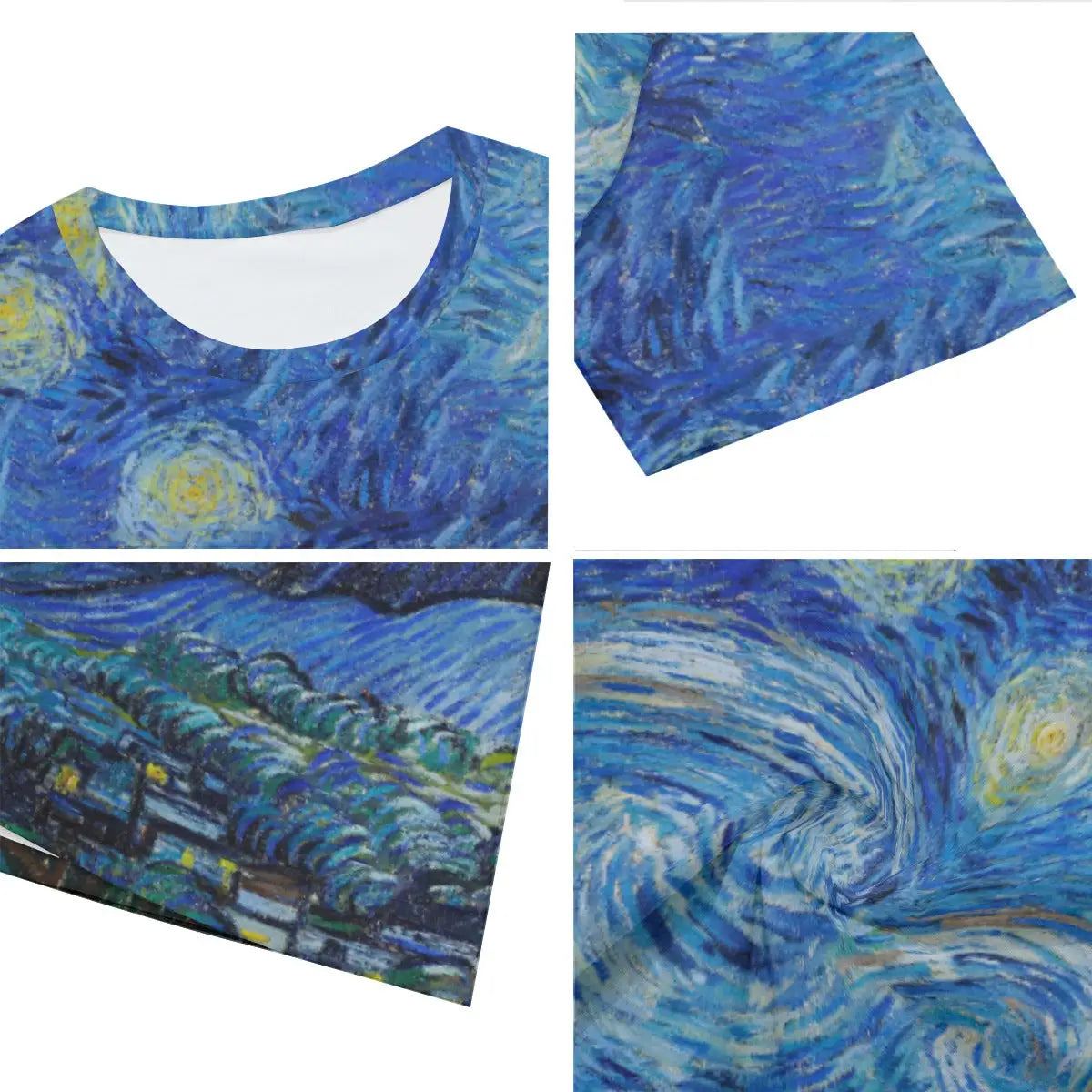 Close-up detail of high-quality printing on 100% cotton Starry Night T-shirt, showcasing the meticulous reproduction of Van Gogh's revolutionary brushwork and impasto technique that gives each star and swirling cloud its distinctive textural quality