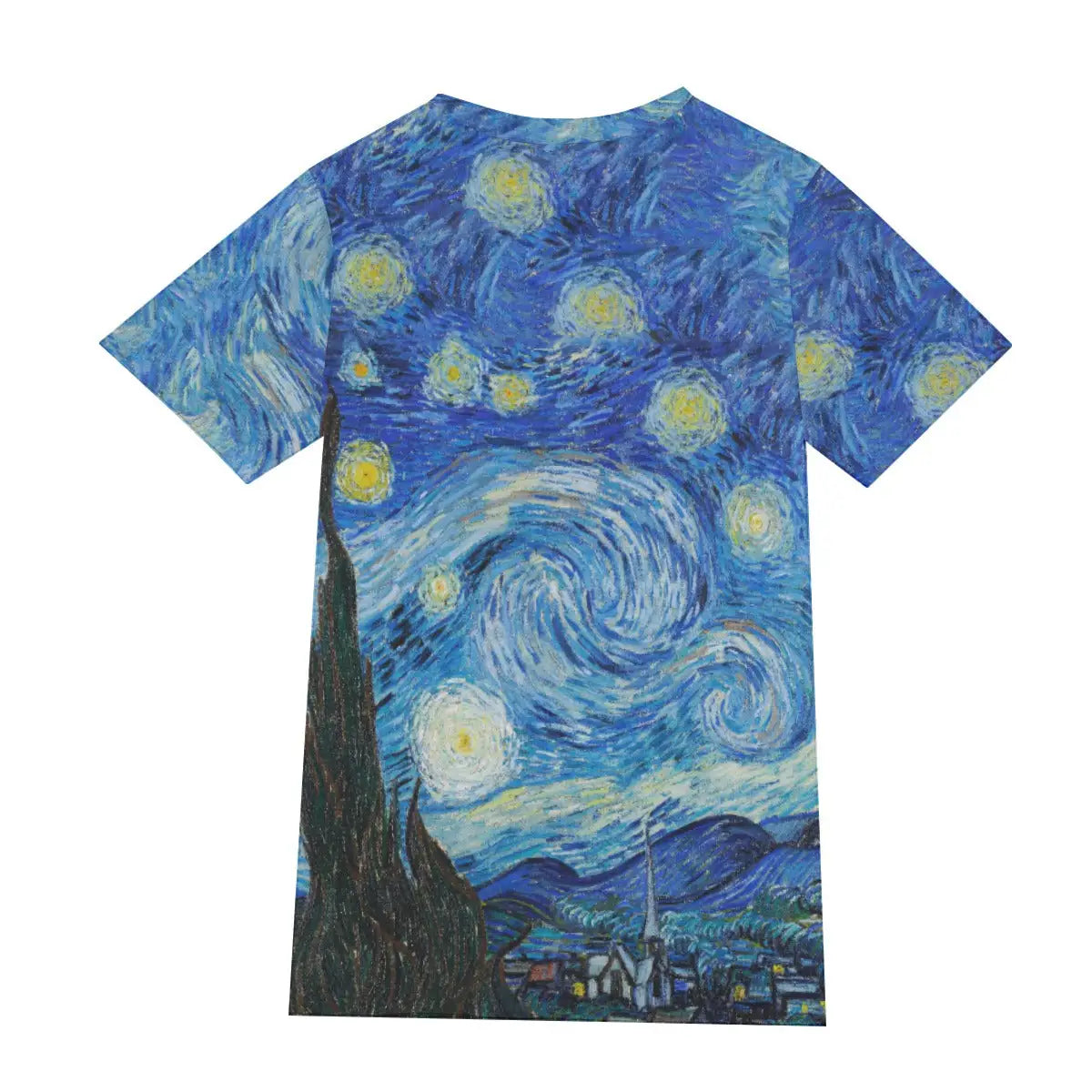 Back view of 190GSM cotton T-shirt showing the continuation of the profound blues and luminous yellows of Van Gogh's celestial vision, demonstrating the seamless 360-degree print quality that captures the full emotional impact of this universally beloved artwork