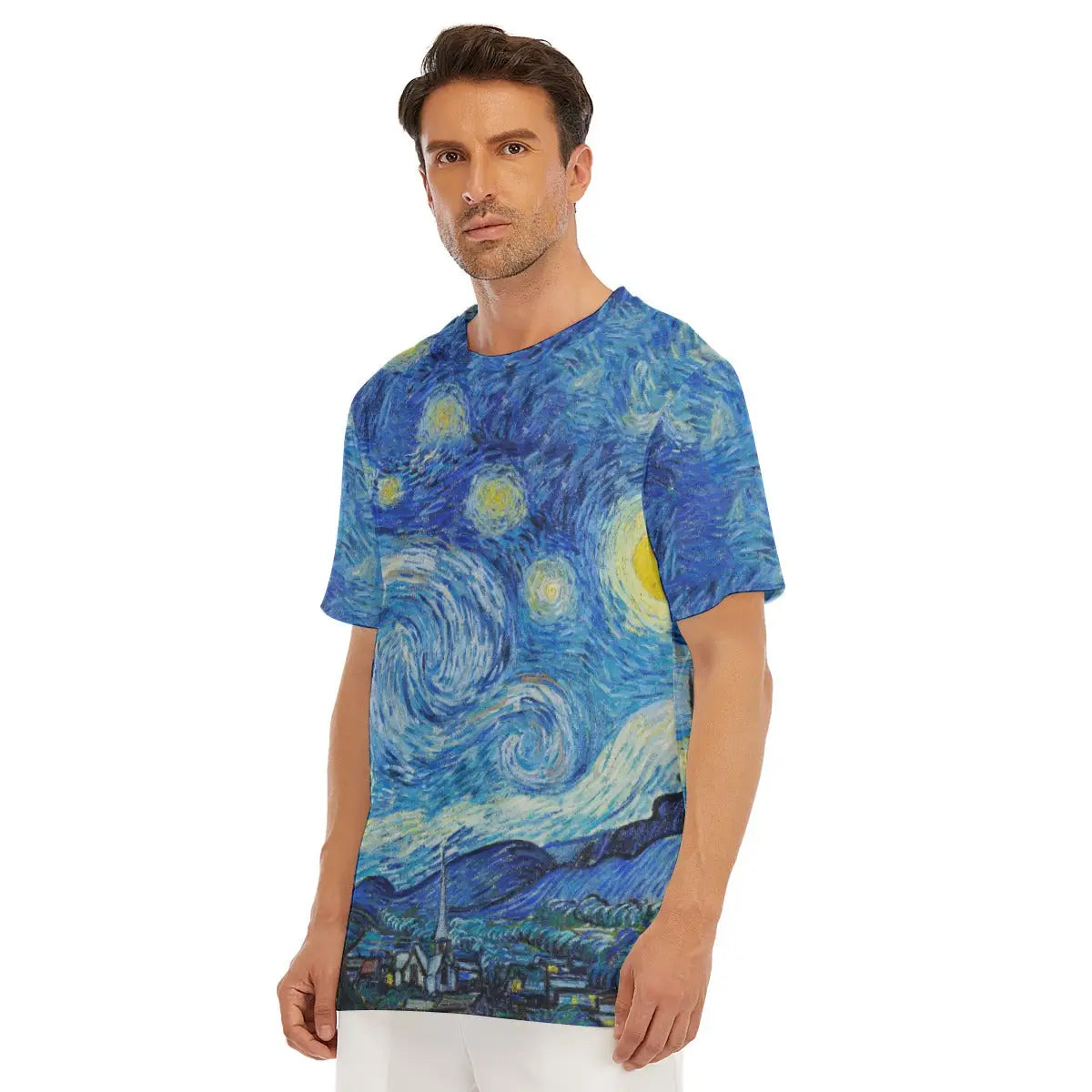 Close-up shot of the sleeve featuring detailed sections of the flame-like cypress tree and village buildings, showcasing Van Gogh's ability to infuse even earthly elements with spiritual energy on comfortable breathable material