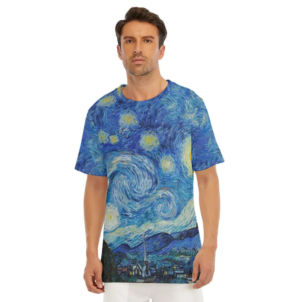 Male model wearing The Starry Night by Vincent van Gogh All-Over Print T-shirt showcasing the mesmerizing swirling sky, vibrant stars, crescent moon, and the sleeping village of Saint-Rémy below the cosmic turbulence