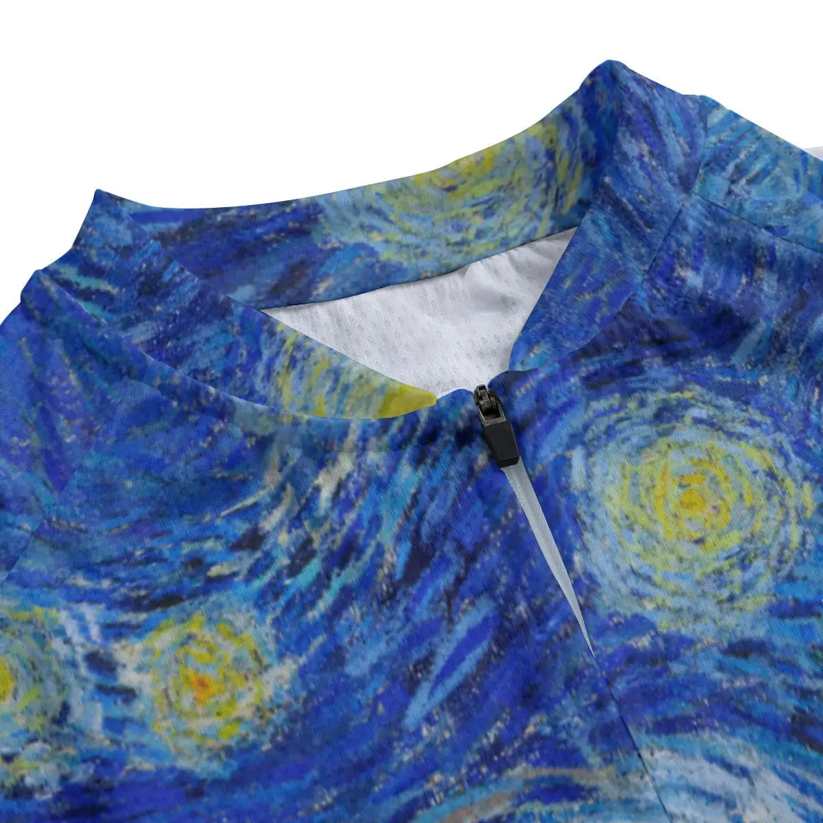 Side profile showing the aerodynamic slim fit of the women's post-impressionist art cycling jersey
