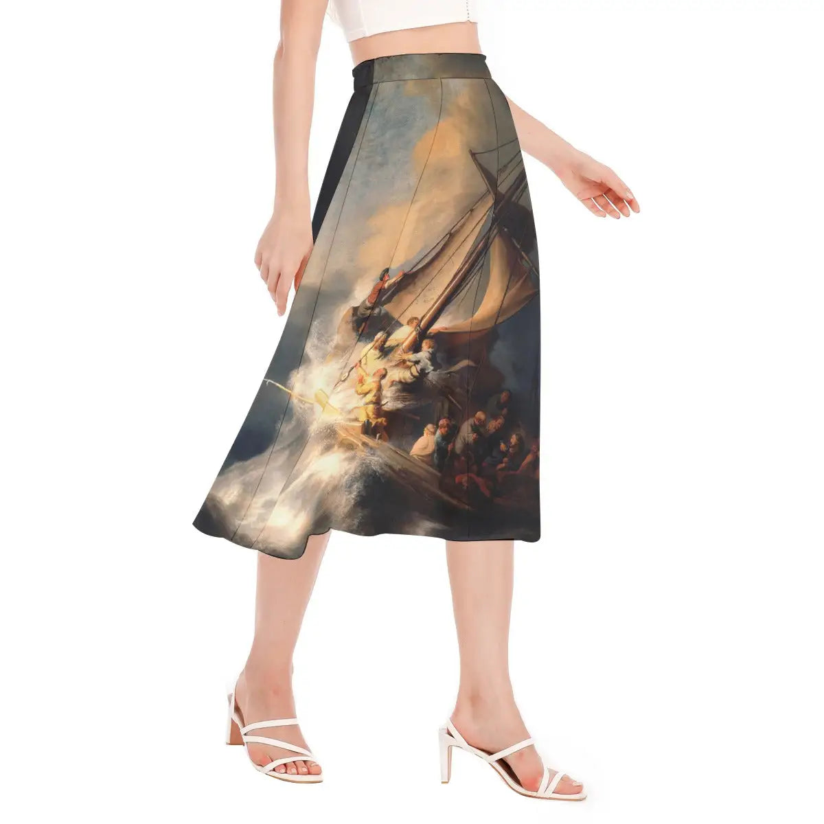 Woman wearing Rembrandt Storm on the Sea of Galilee Chiffon Skirt with navy blouse in art museum setting
