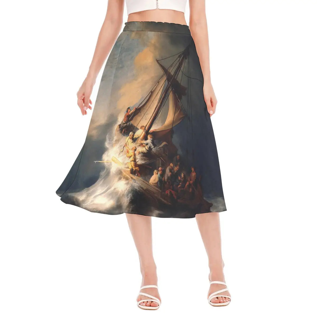 The Storm on the Sea of Galilee by Rembrandt Chiffon Skirt front view showing the dramatic biblical scene with sailors struggling against the tempest