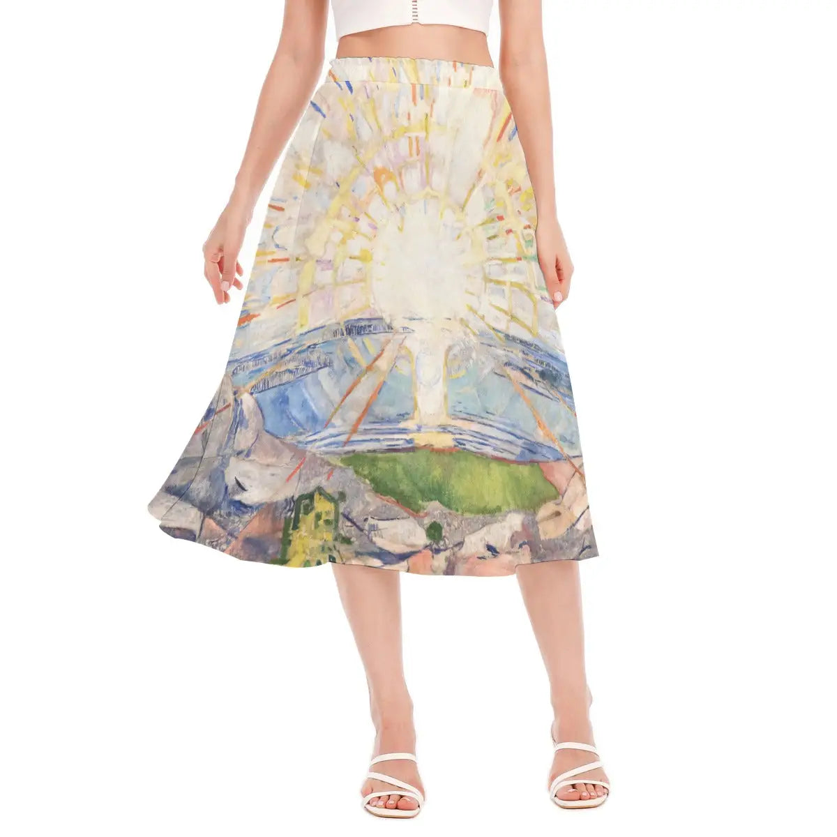 Woman wearing The Sun by Edvard Munch skirt standing in sunlight that makes the golden rays shine brightly against the fabric