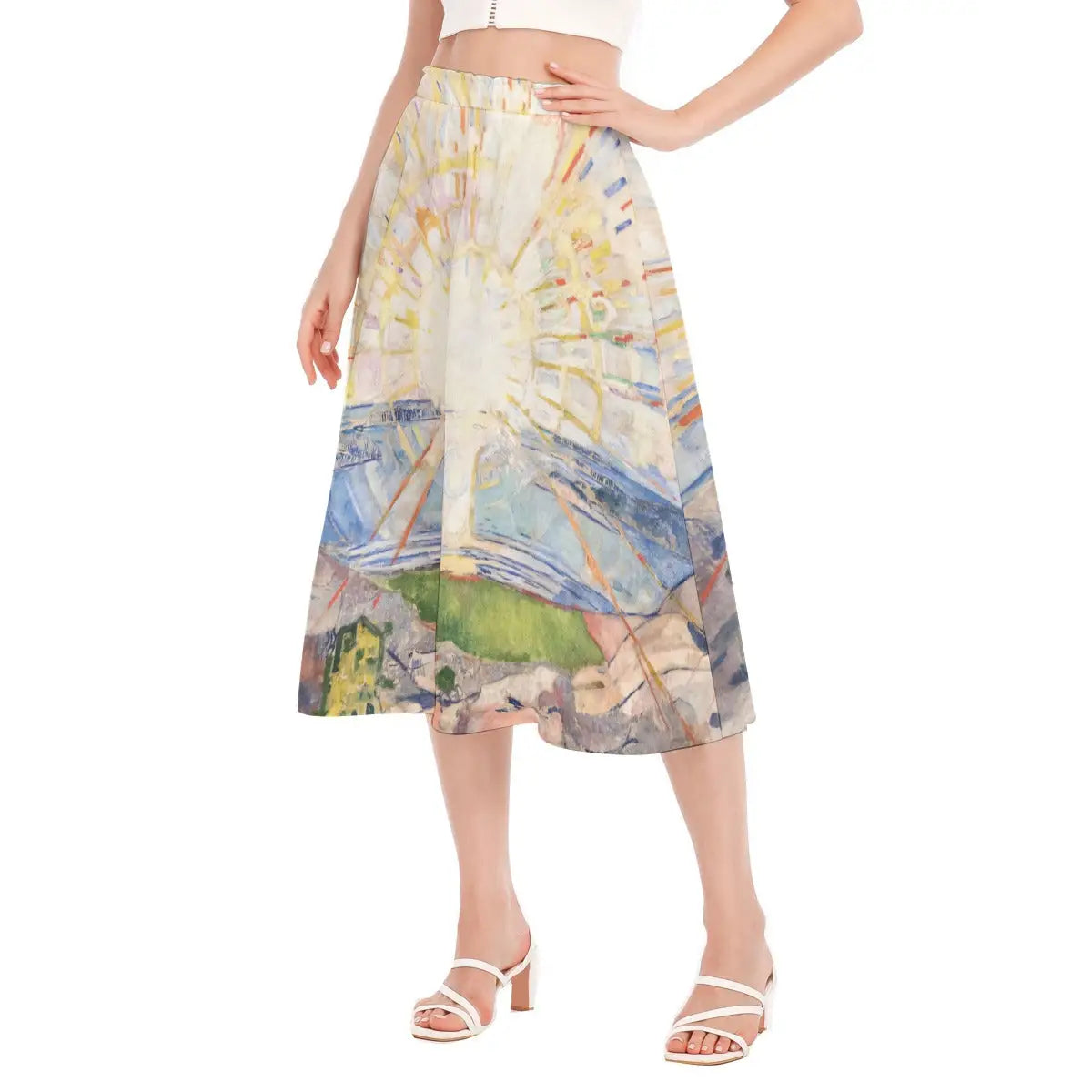 Model walking in The Sun skirt, fabric flowing to show how the circular sun design moves with each step