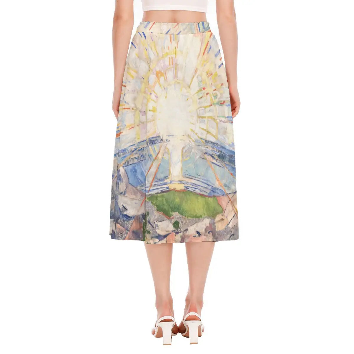 Detail of the comfortable elastic waistband on The Sun skirt, showing the smooth transition to the printed fabric