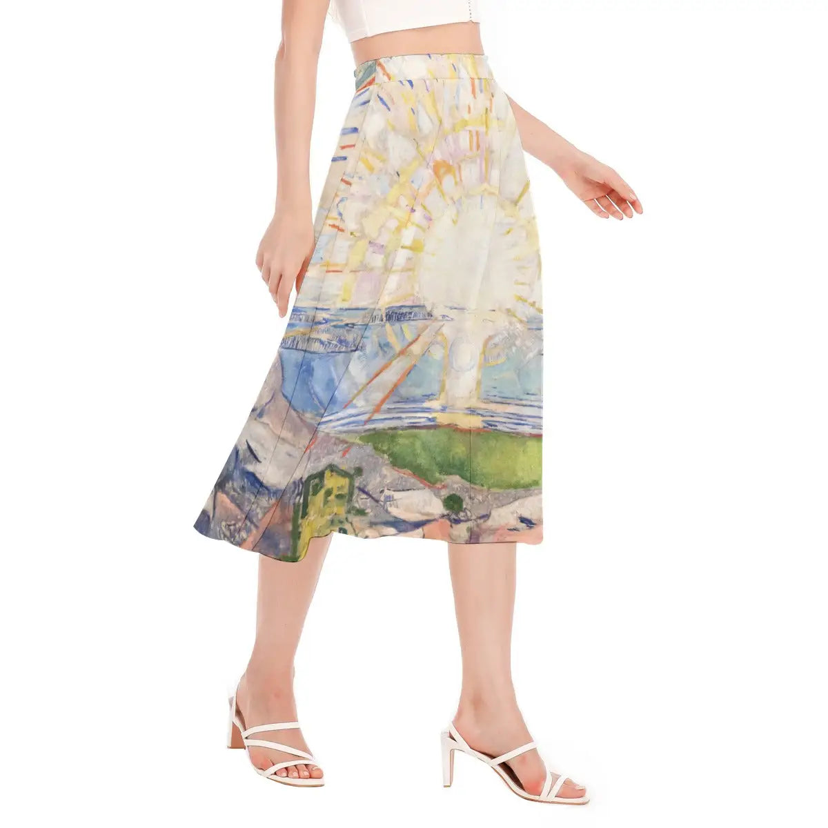 Close-up of the skirt fabric showing Munch's sunburst design with clear brushstroke details preserved in the printing