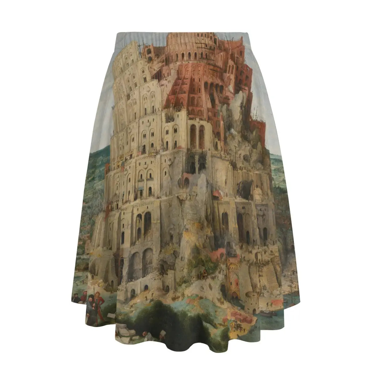 Back view of Netherlandish-inspired maxi skirt showing how the biblical tower wraps dramatically around the garment
