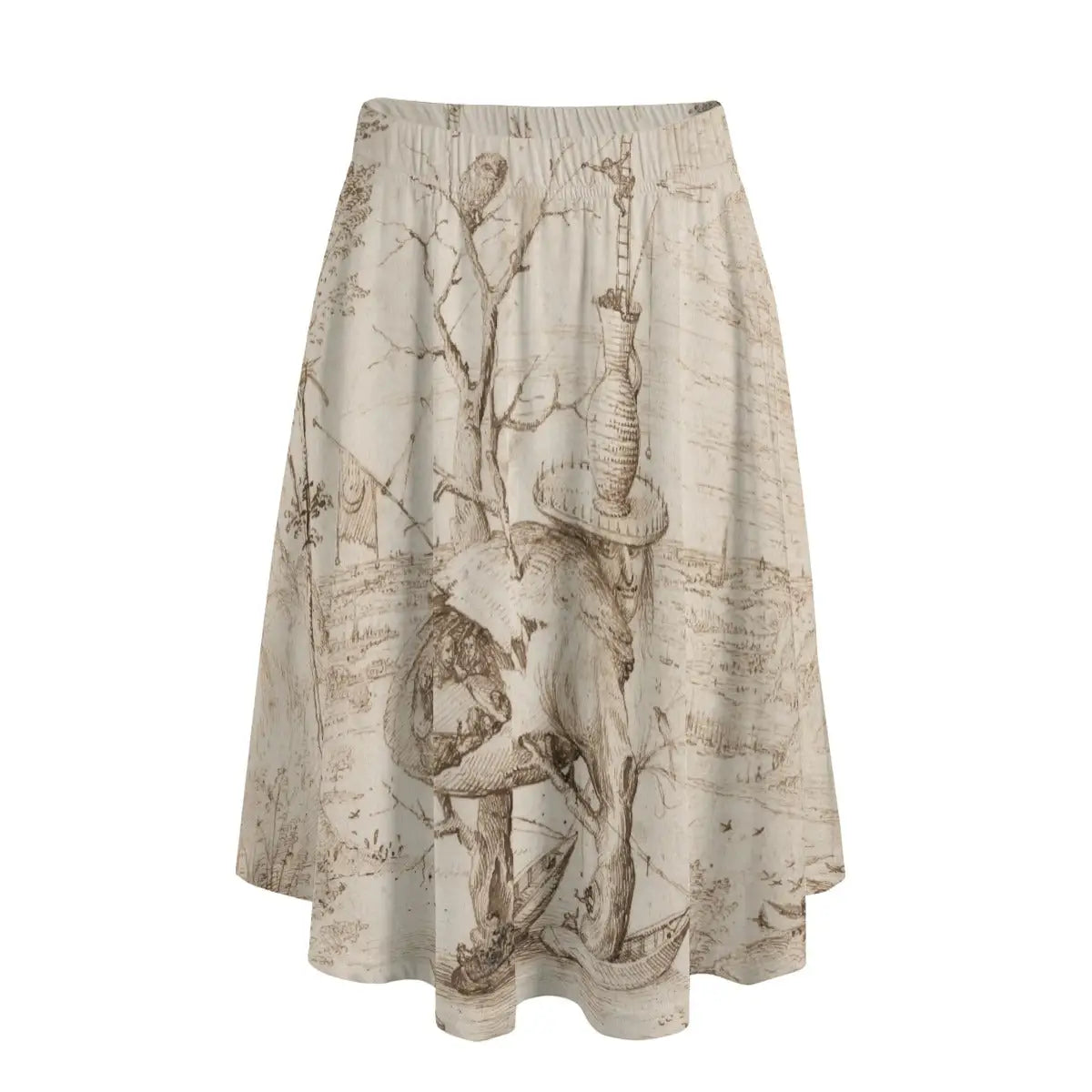 Woman wearing Hieronymus Bosch's Tree Man long maxi skirt showing the bizarre composite creature against simple deep blue blouse