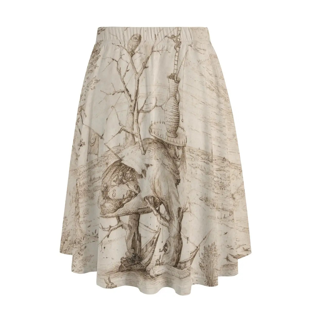 Back view of medieval nightmare-inspired maxi skirt showing how the bizarre hybrid wraps eerily around the garment